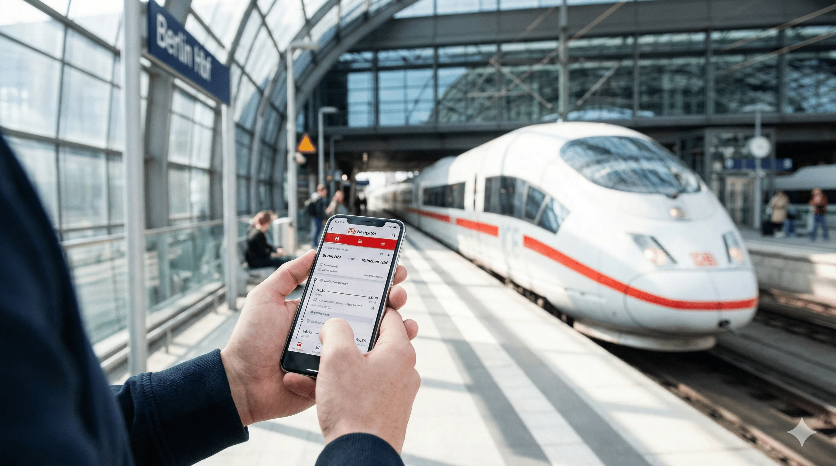 DB Navigator app on smartphone at train platform