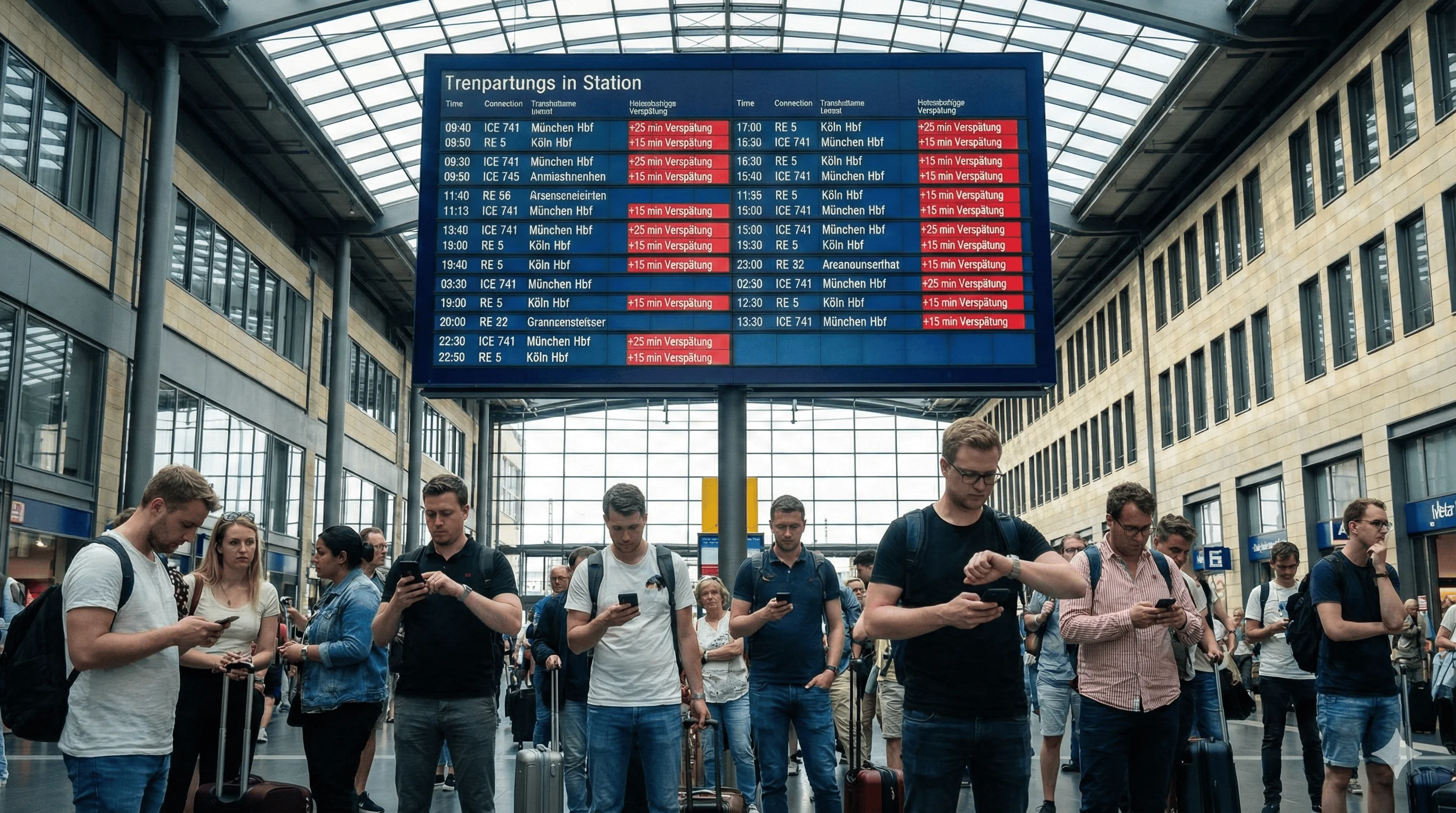 Train station departure board showing delays