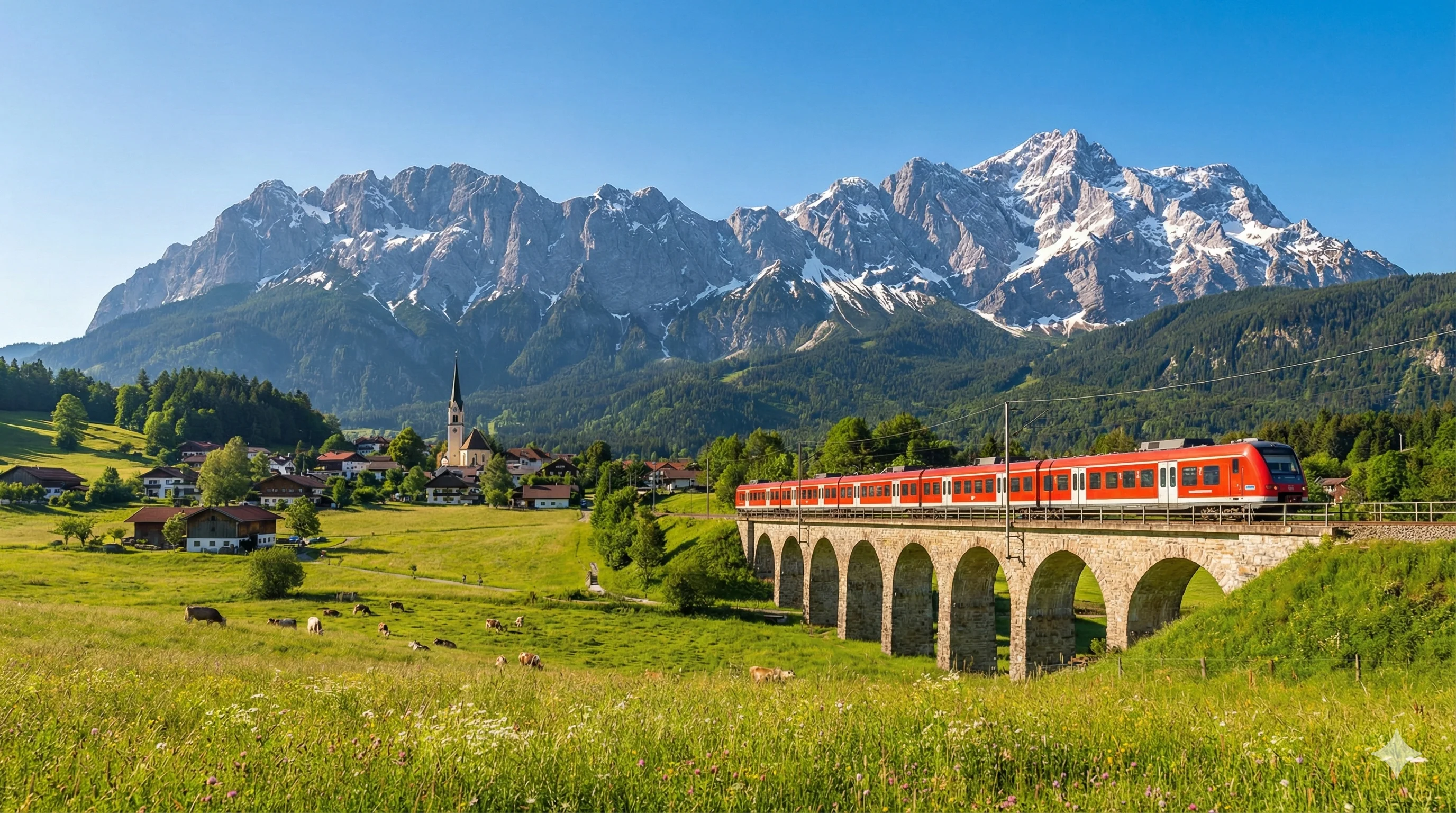 German train crossing mountain bridge in Bavarian Alps