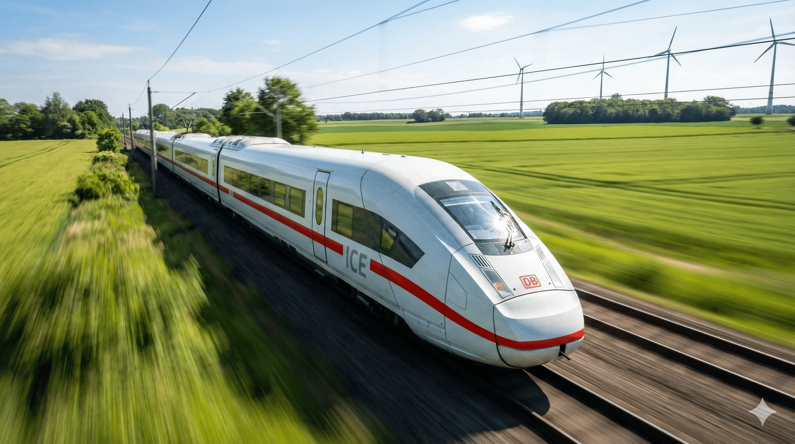 ICE high-speed train racing through German countryside
