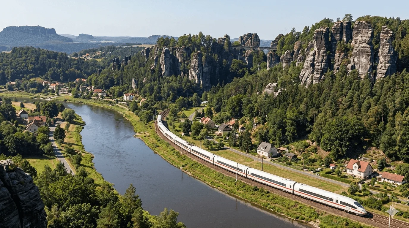 ICE train through Saxon Switzerland with Bastei rock formations