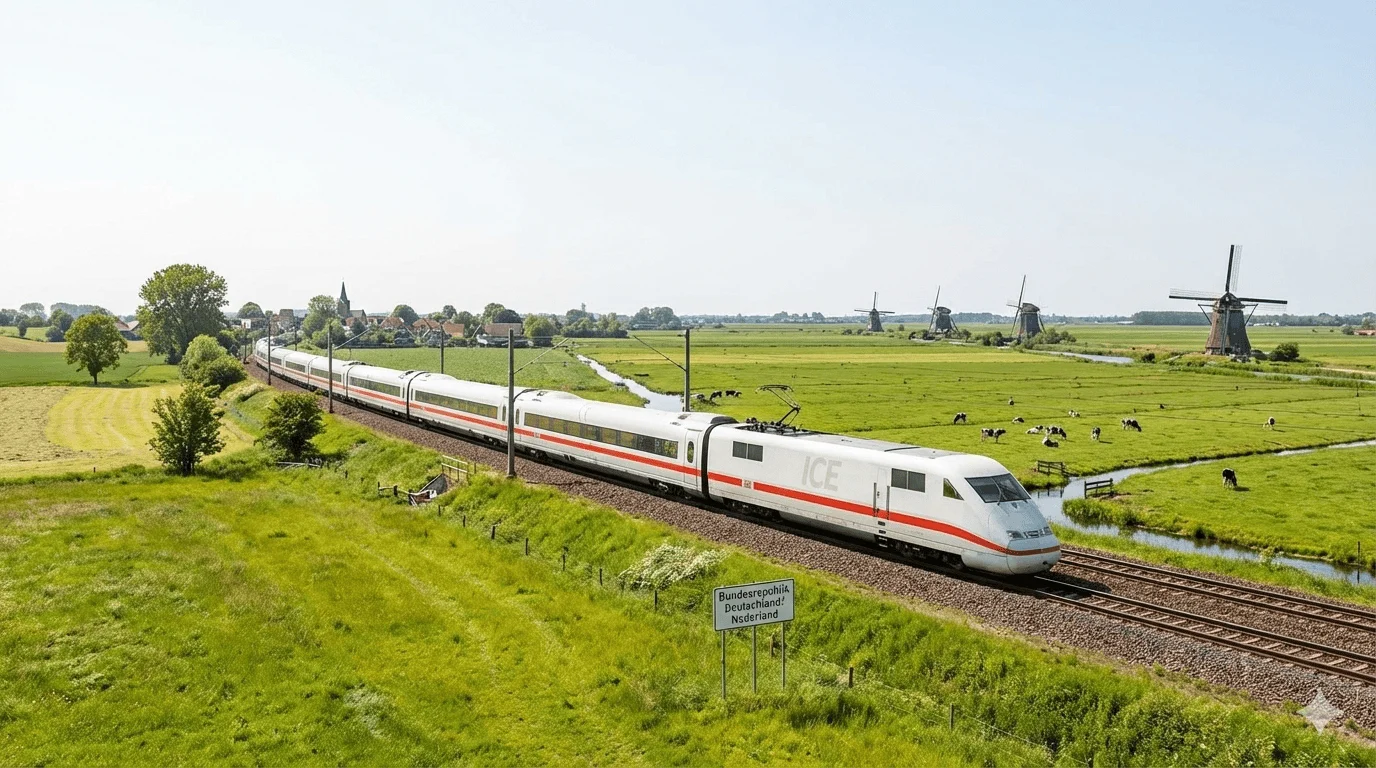 ICE train crossing German-Dutch border with windmills