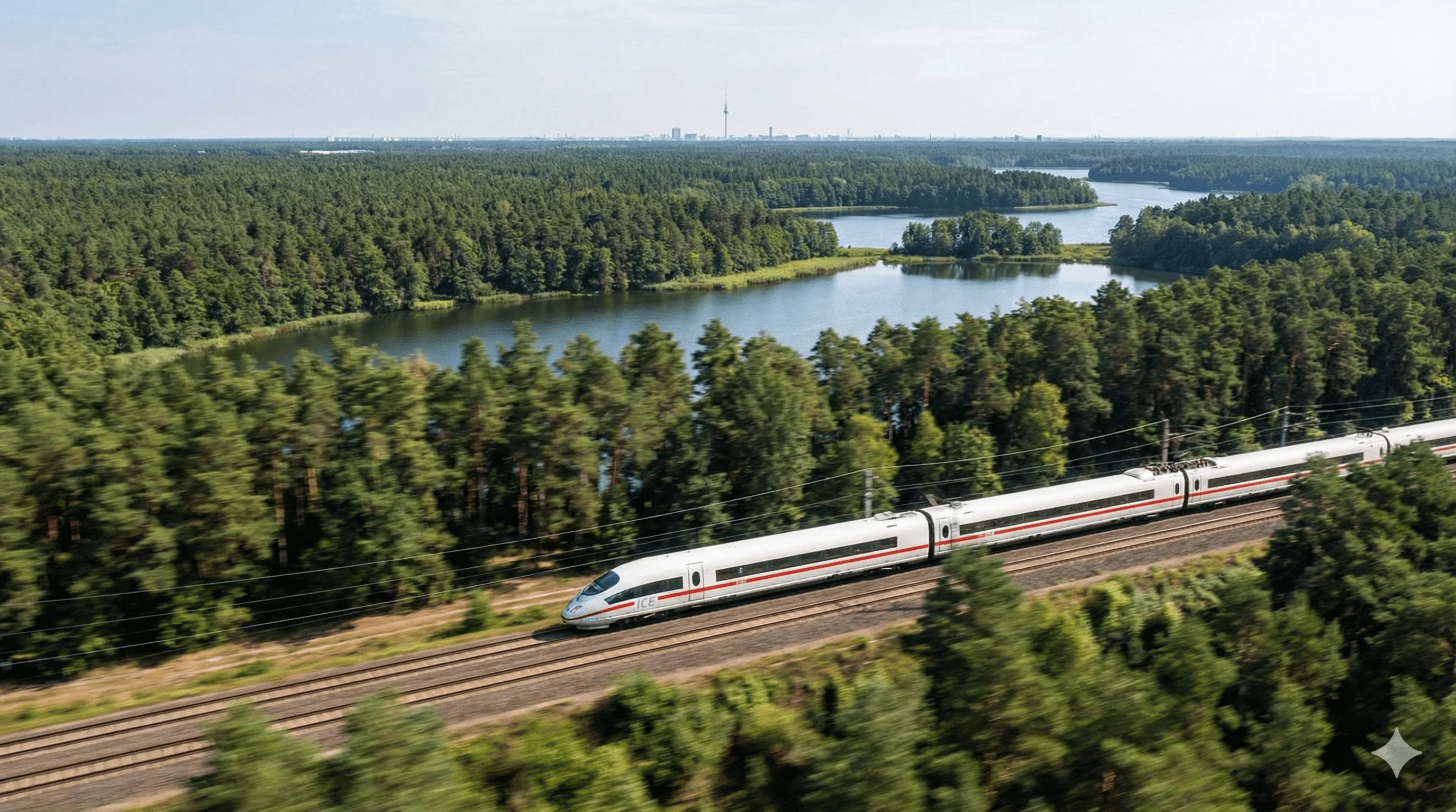 ICE train racing through Brandenburg countryside