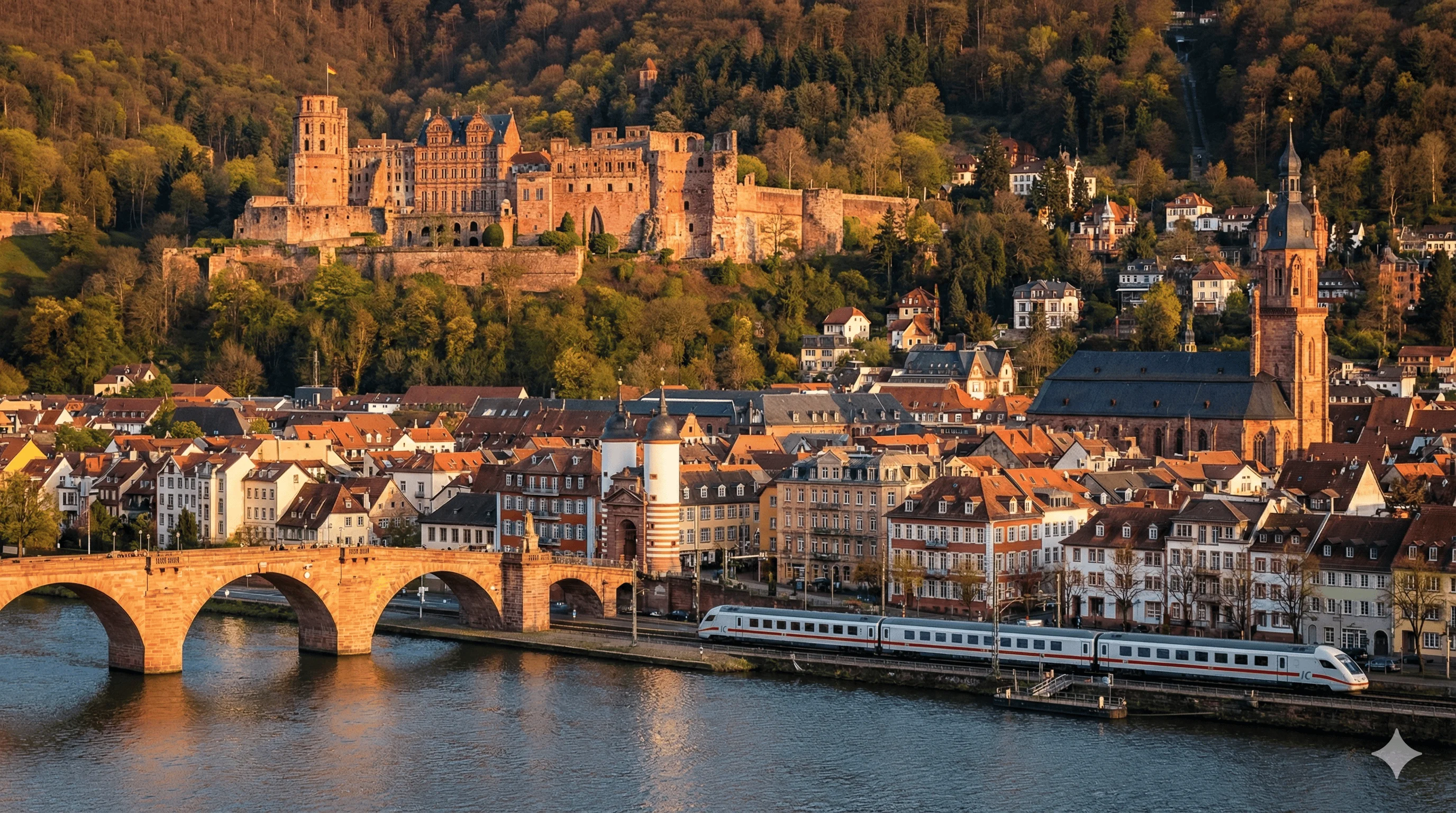 Heidelberg Castle above Neckar River with train crossing bridge
