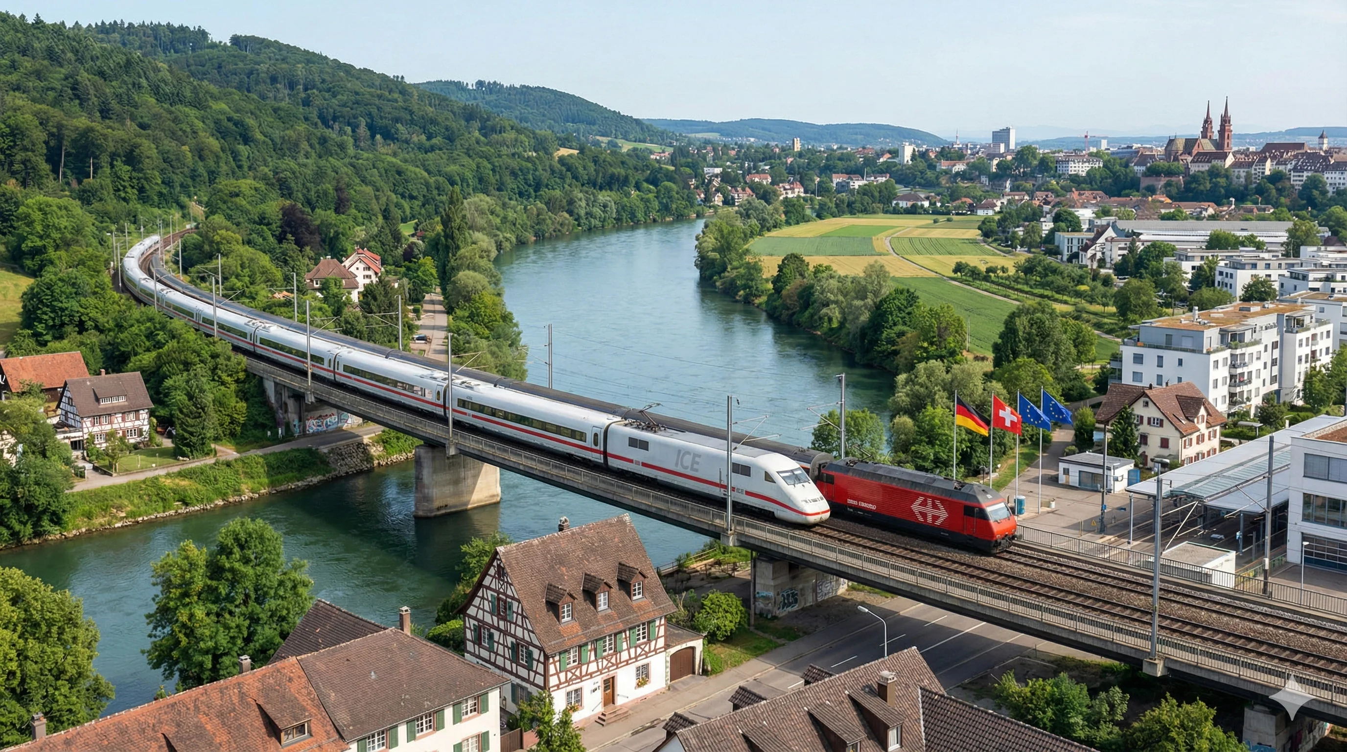 Train crossing German-Swiss border between Black Forest and Rhine Valley