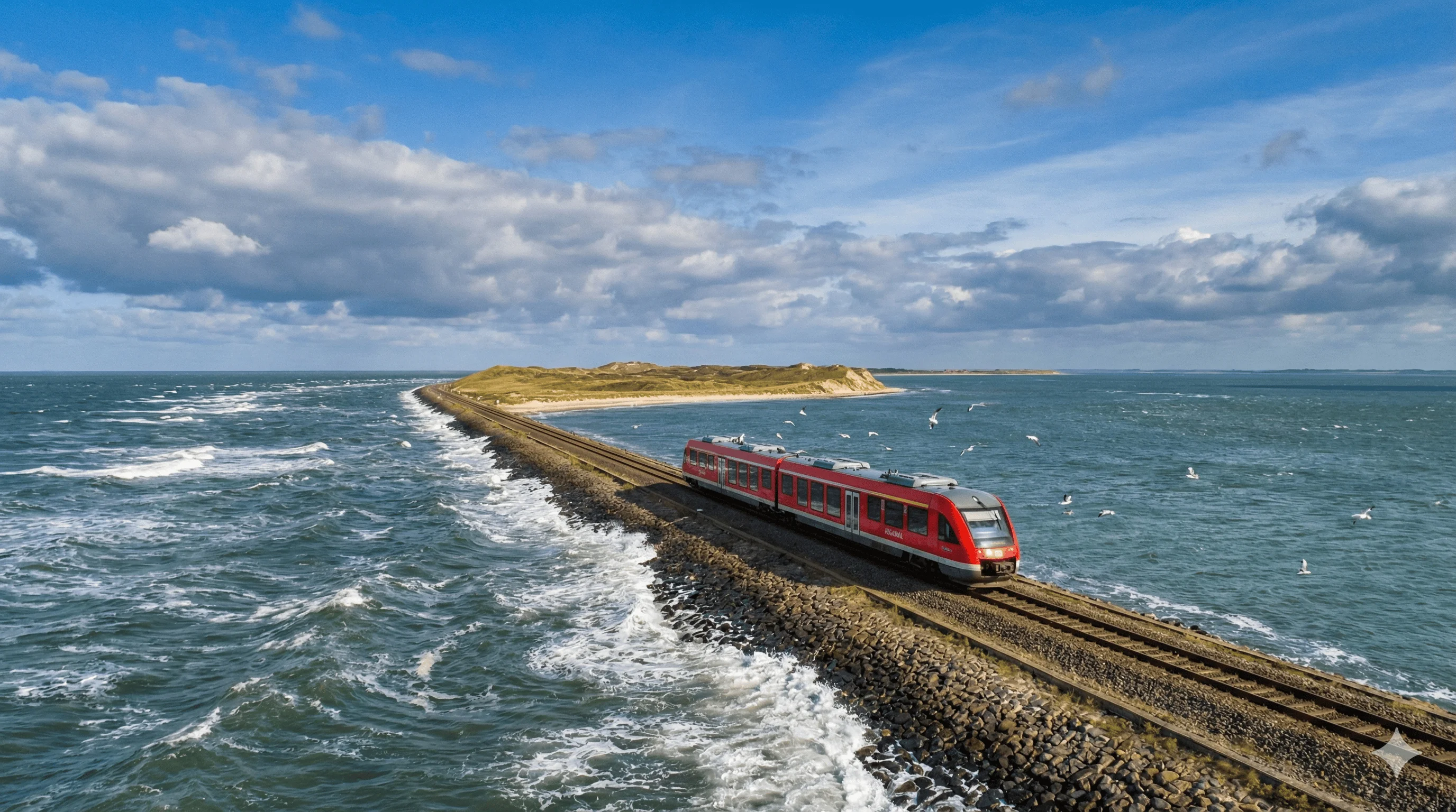 Train crossing Hindenburgdamm causeway to Sylt island