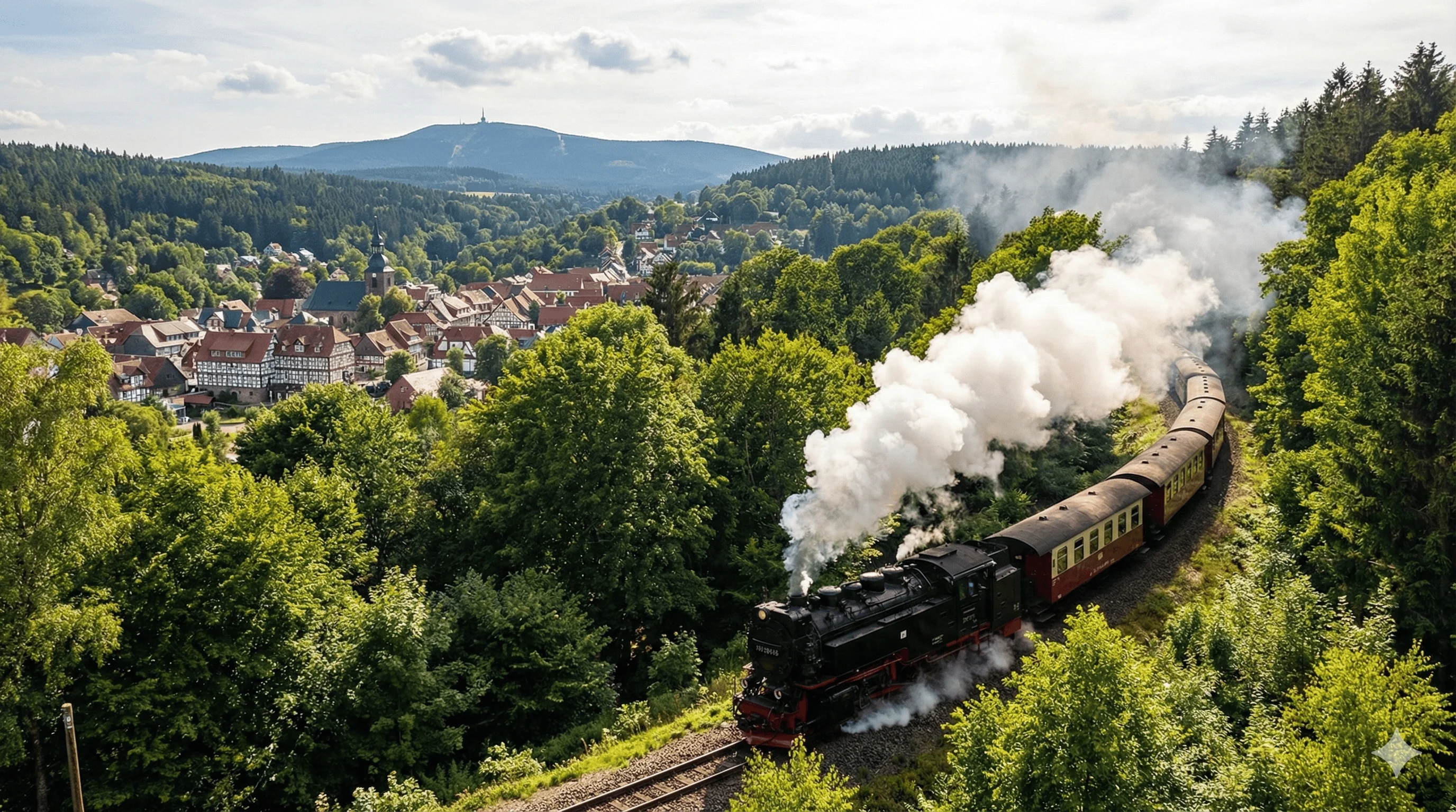 Historic steam train traveling through Harz Mountains