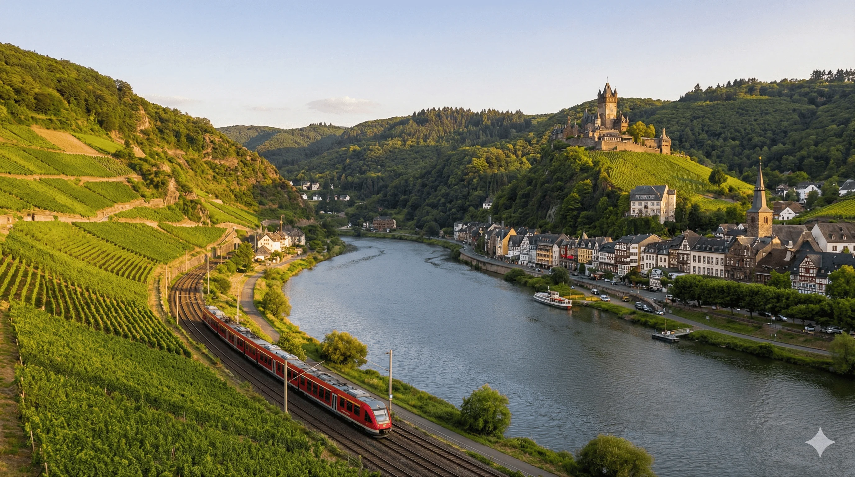 Train traveling along Moselle Valley with vineyards and castle