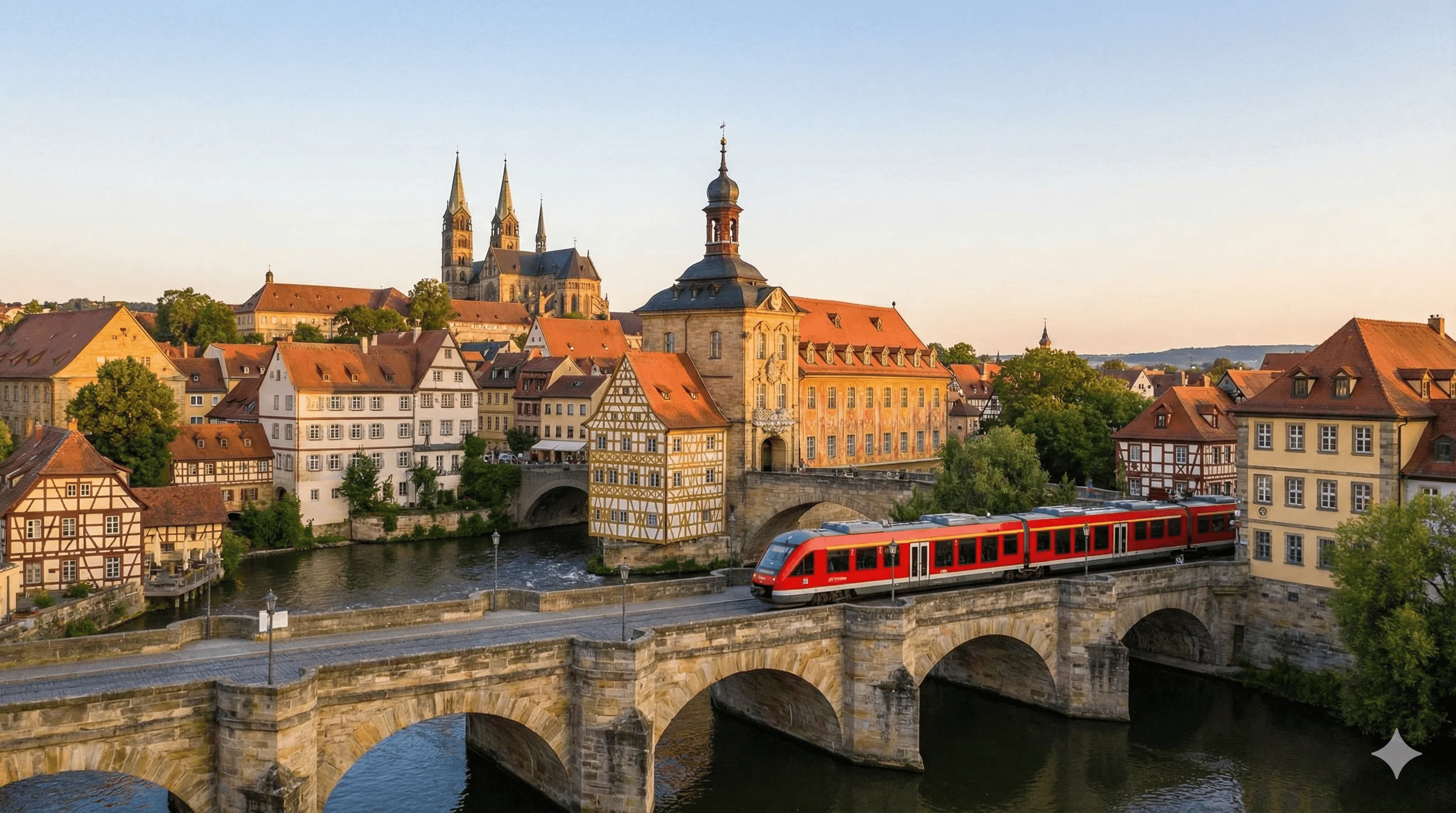 Bamberg medieval Old Town with Altes Rathaus and train crossing bridge