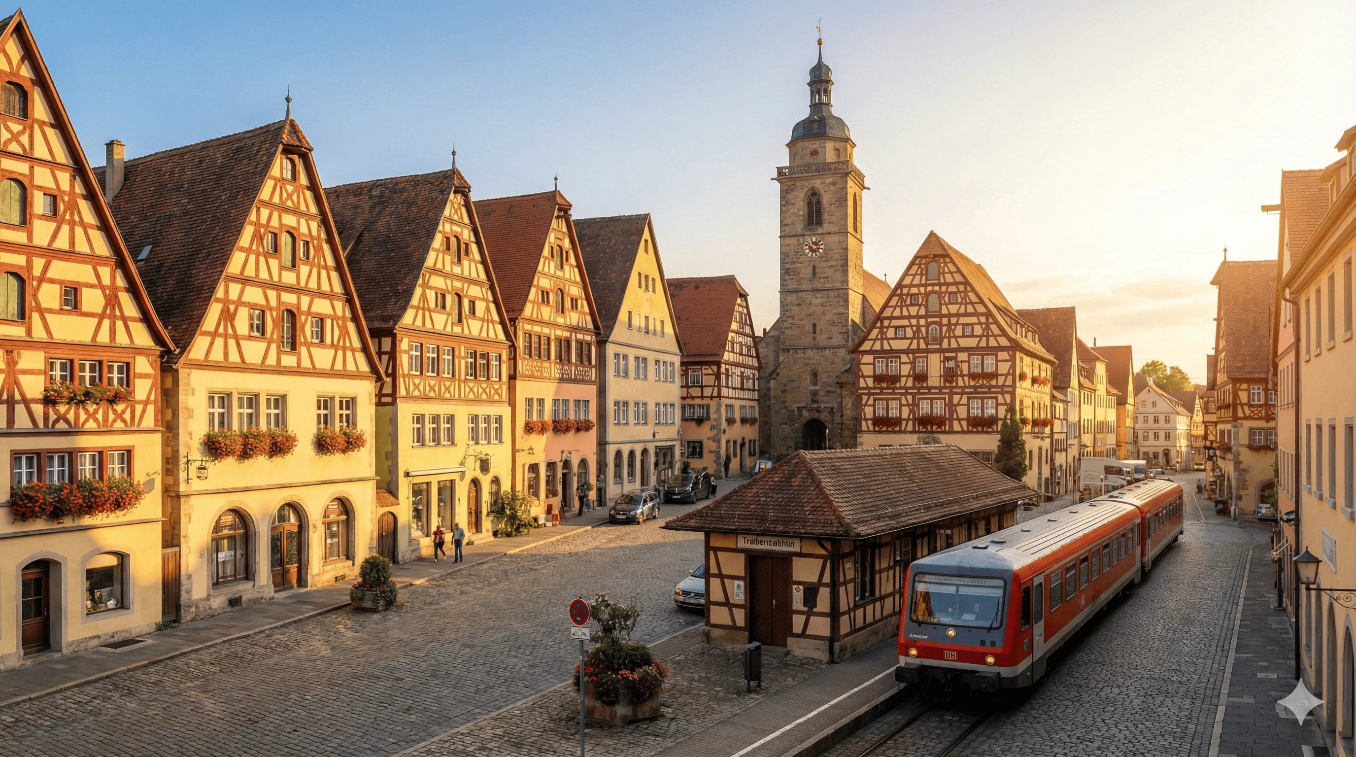 Medieval half-timbered town with regional train on Romantic Road
