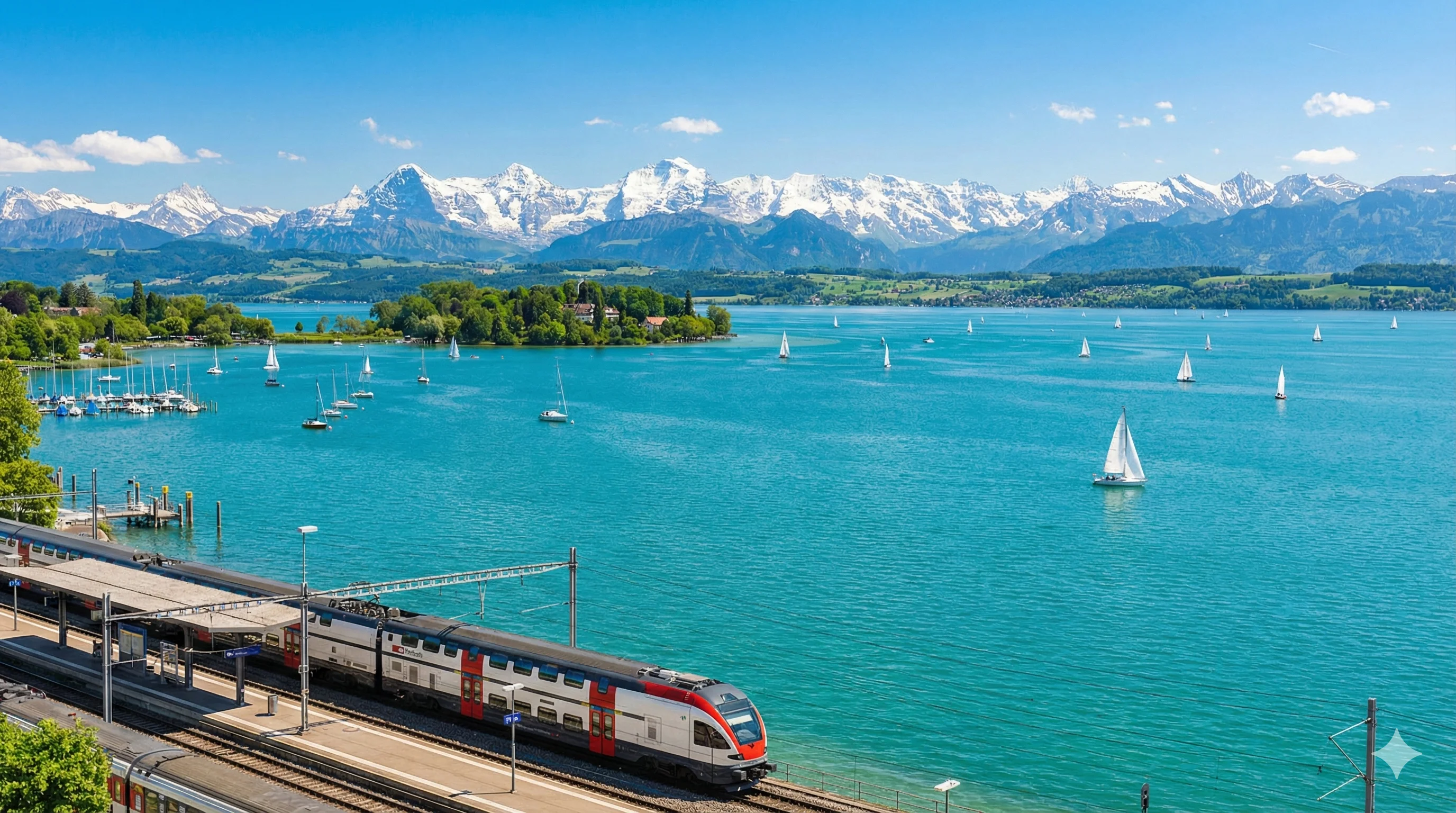Lake Constance with Swiss Alps and train at lakeside station
